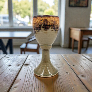 Handmade Studio Pottery Goblet Cup Unsigned Rustic Speckled Stoneware 7.25”